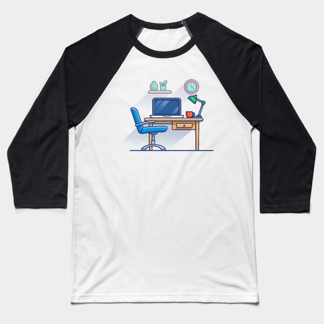 Work Bench, Desk, Laptop, Lamp, Plant, Cup, Clock And Floating Shelves Cartoon Baseball T-Shirt by Catalyst Labs